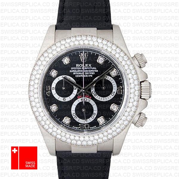 Rolex Daytona Leather White Gold Black Diamond Markers Bezel 116519 Swiss Replica 40mm 0