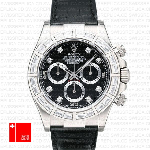 Rolex Daytona Leather White Gold Black Diamond Markers Bezel 116519 Swiss Replica 40mm