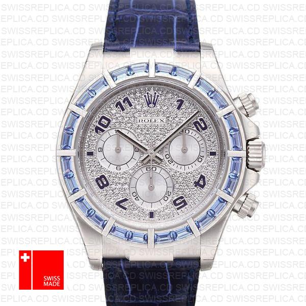 Rolex Daytona Leather White Gold Blue Diamonds 40mm 116589 Swiss Replica