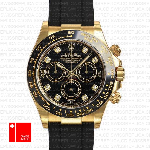 Rolex Daytona Rubber 18k Yellow Gold Ceramic Bezel Black Diamond Dial 40mm 116518