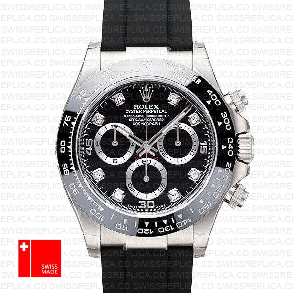 Rolex Daytona Rubber White Gold Black Diamond Dial Ceramic Bezel 40mm 116519ln