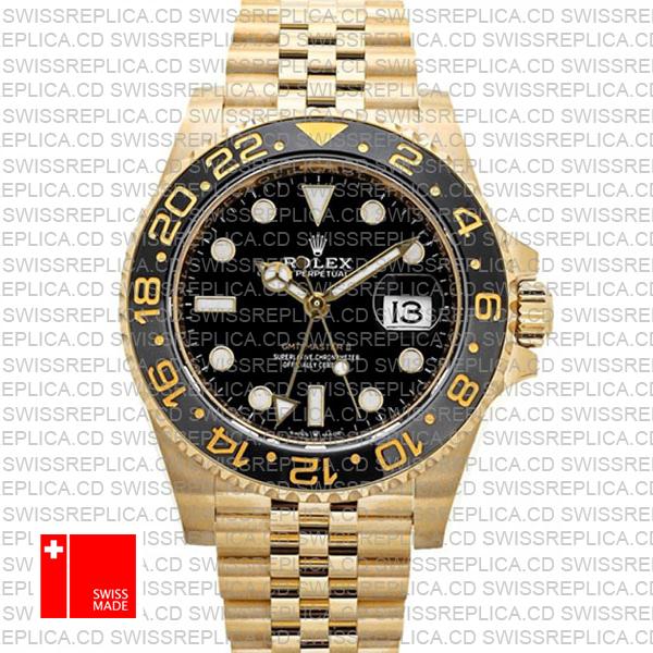 Rolex Gmt-master Ii Jubilee 18k Yellow Gold Black Dial Ceramic Bezel 40mm Swiss Replica Watch Ref.126718grnr