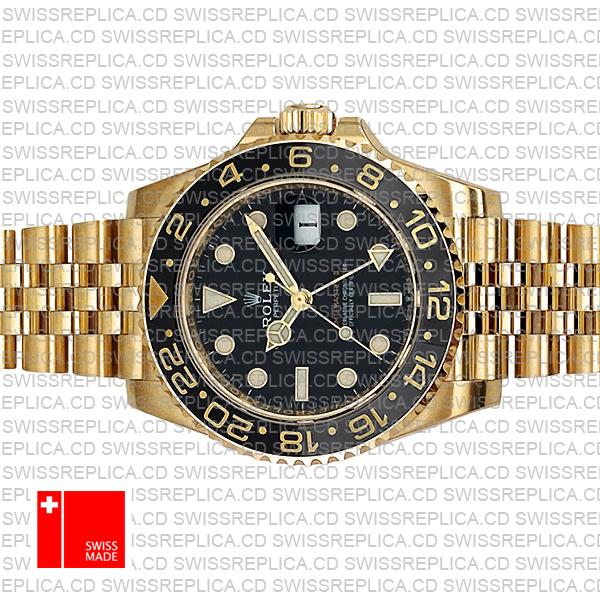 Rolex Gmt-master Ii Jubilee 18k Yellow Gold Black Dial Ceramic Bezel 40mm Swiss Replica Watch Ref.126718grnr