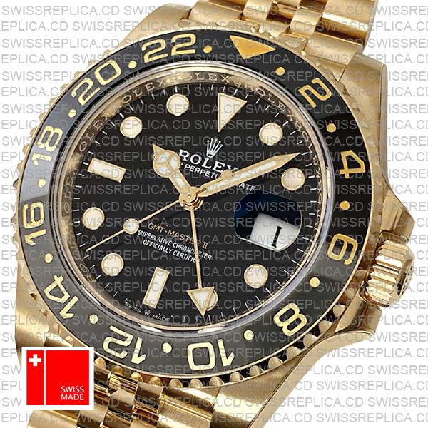 Rolex Gmt-master Ii Jubilee 18k Yellow Gold Black Dial Ceramic Bezel 40mm Swiss Replica Watch Ref.126718grnr
