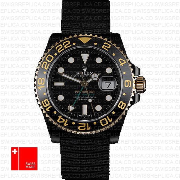 Rolex Gmt Master Ii Pro Hunter 2 Tone Gold Dlc Black Ceramic Nato Strap 40mm Oversized 116713 Replica