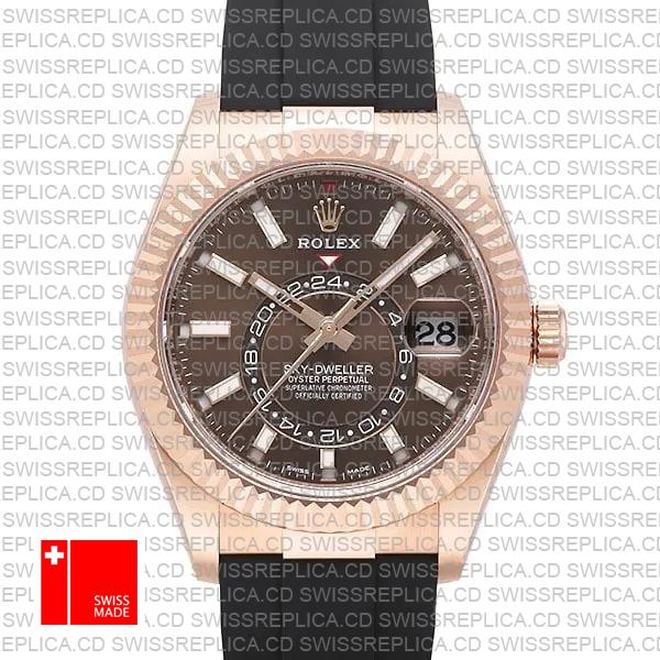 Rolex Sky-dweller 18k Rose Gold Rubber Band Chocolate Brown Stick Dial 42mm Ref.326235 Swiss Made Replica Superclone
