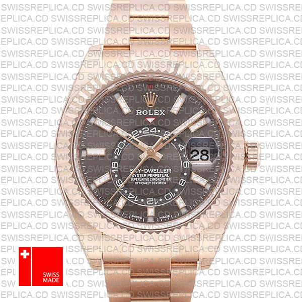 Rolex Sky-dweller 18k Rose Gold Oyster Chocolate Brown Stick Dial 42mm Ref.326935 Swiss Made Replica Superclone