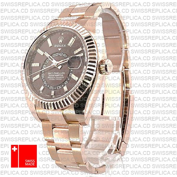 Rolex Sky-dweller 18k Rose Gold Oyster Chocolate Brown Stick Dial 42mm Ref.326935 Swiss Made Replica Superclone