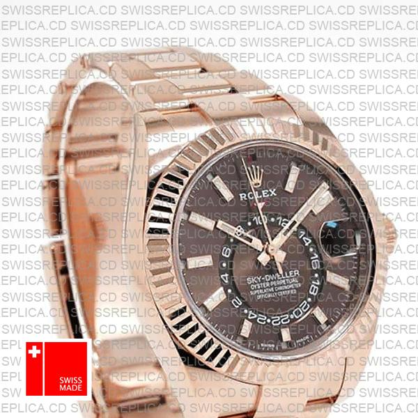 Rolex Sky-dweller 18k Rose Gold Oyster Chocolate Brown Stick Dial 42mm Ref.326935 Swiss Made Replica Superclone