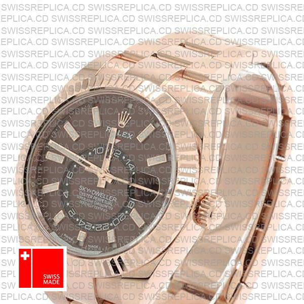 Rolex Sky-dweller 18k Rose Gold Oyster Chocolate Brown Stick Dial 42mm Ref.326935 Swiss Made Replica Superclone