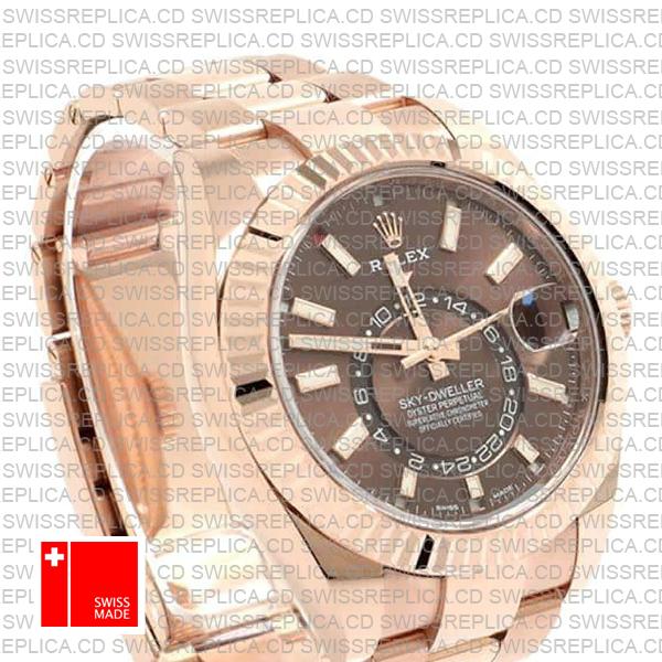 Rolex Sky-dweller 18k Rose Gold Oyster Chocolate Brown Stick Dial 42mm Ref.326935 Swiss Made Replica Superclone