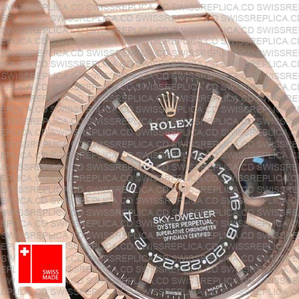 Rolex Sky-dweller 18k Rose Gold Oyster Chocolate Brown Stick Dial 42mm Ref.326935 Swiss Made Replica Superclone